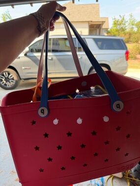 BOGG BAG Red Tote with Blue and White Handles